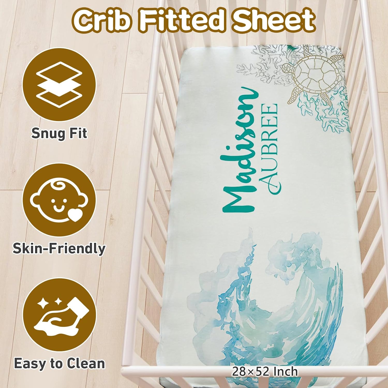 Terwex Personalized Baby Crib Set, 5 Pcs Custom Name Bedding for Girls Boys - Soft Toddler Crib Set, Blue Ocean