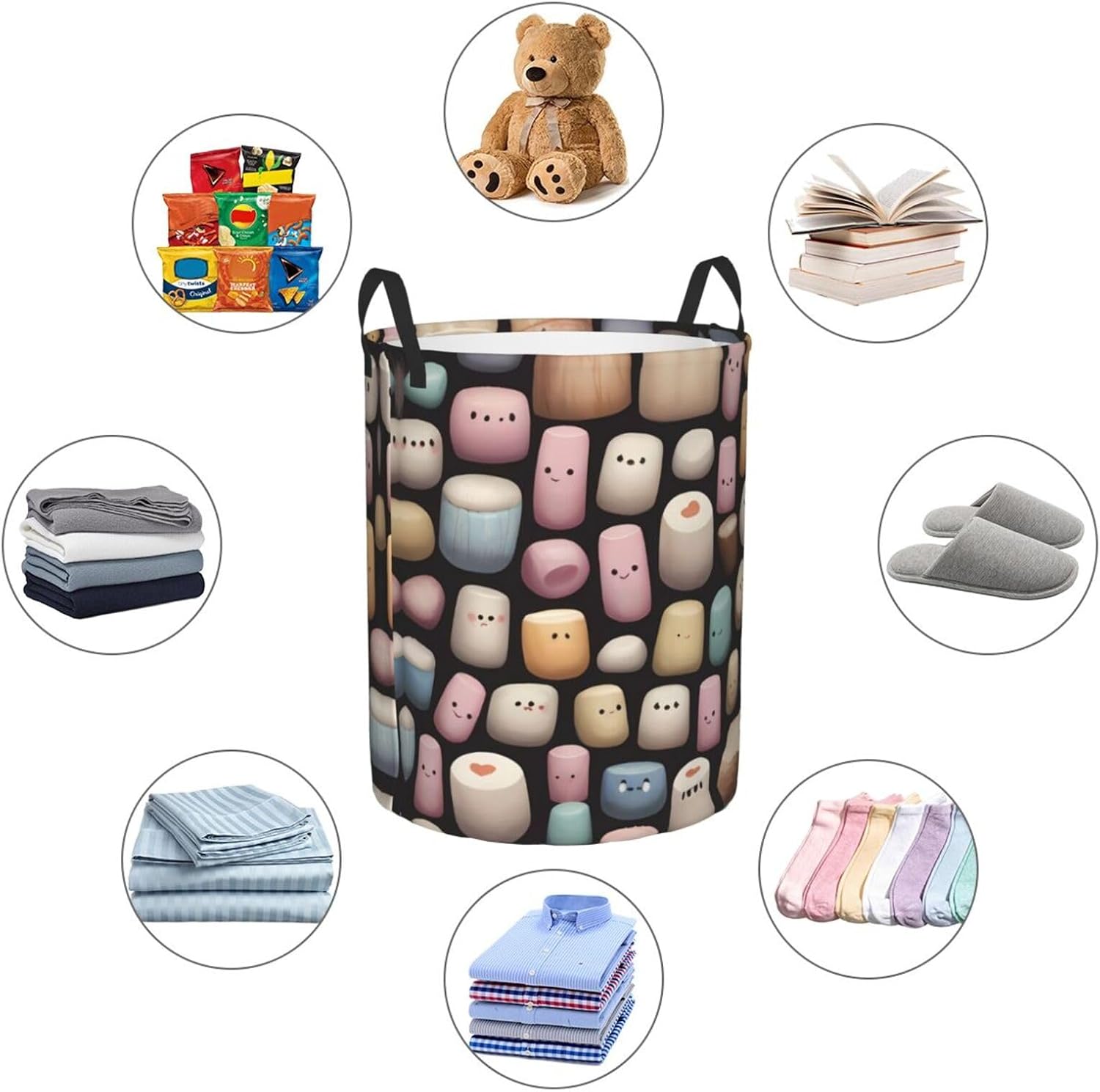 Colorful cotton candy Round Single-layer Laundry Basket, Portable Storage Laundry Basket, Bedroom Clothes Storage Basket with Handle