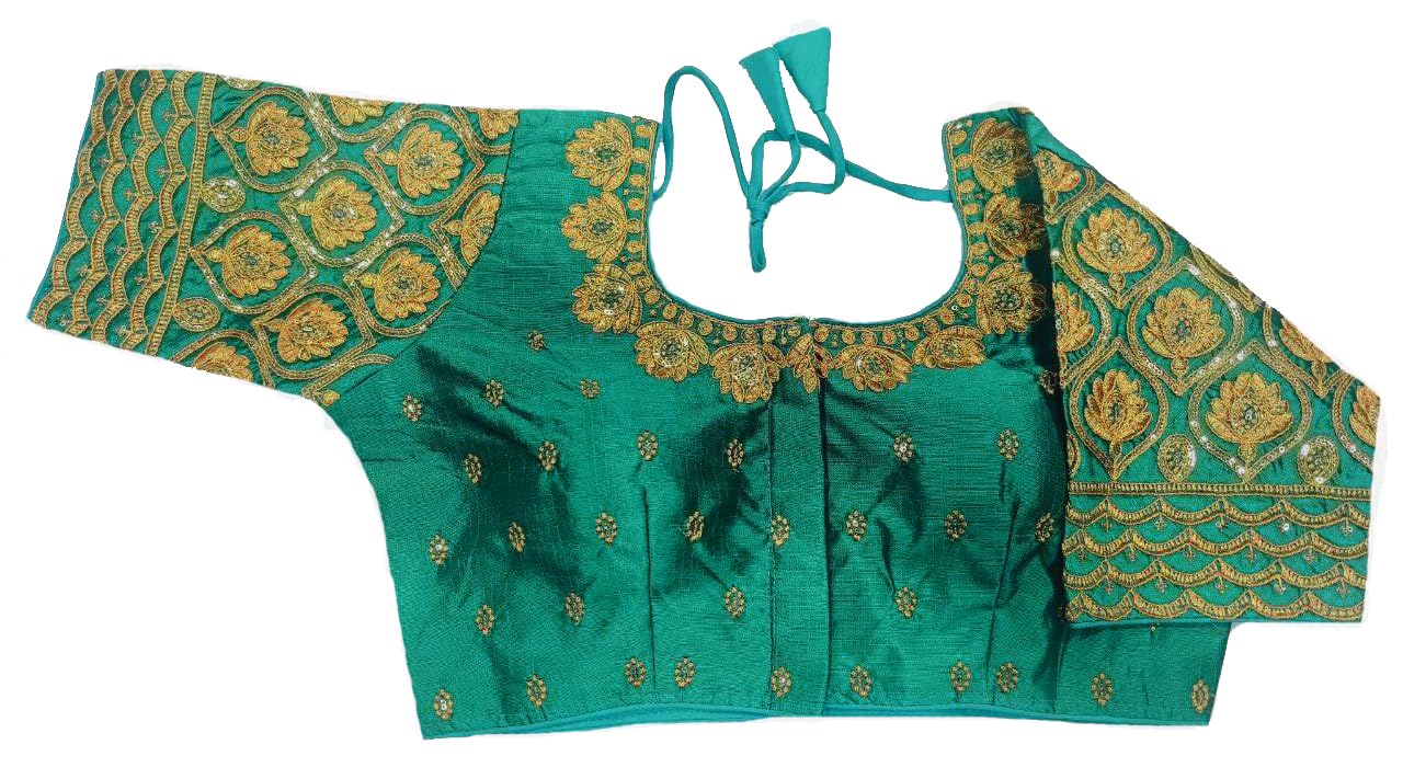 Pujia Mills Women's Phantom Silk Golden Jari Embroidery With Codding Sequin Work Blouse Heavy Sequence Work Blouses Half Sleeve Rama Color Blouse