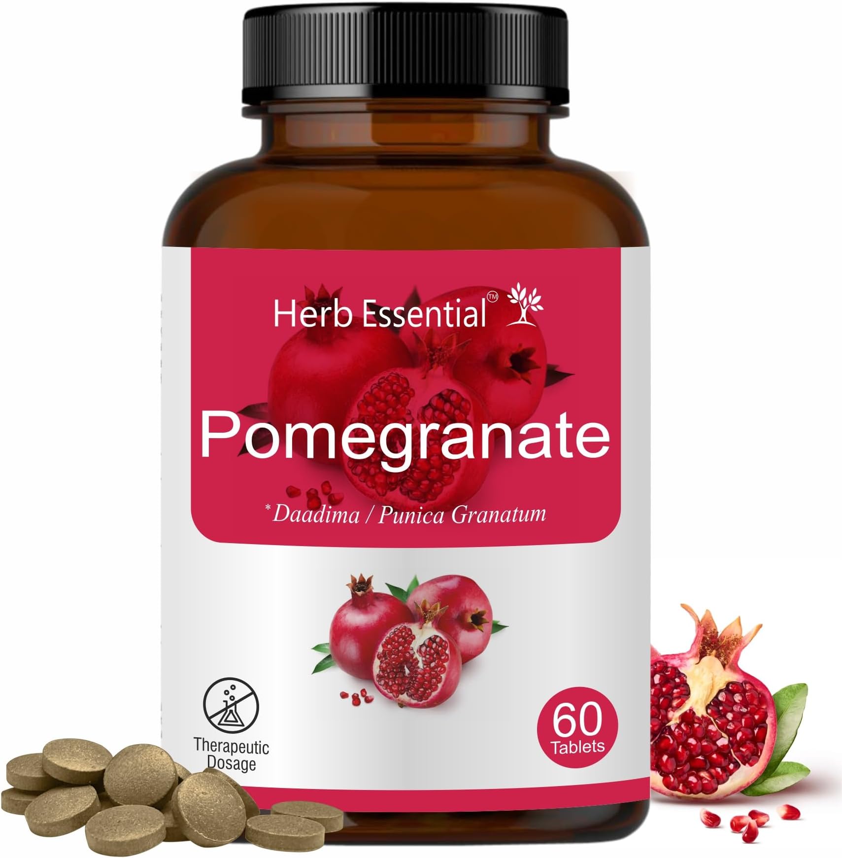 Herb Essential Pomegranate Tablets โ 500mg, 60 Count | Rich in Antioxidants | Supports Heart Health, Immunity & Skin Wellness | Natural Supplement