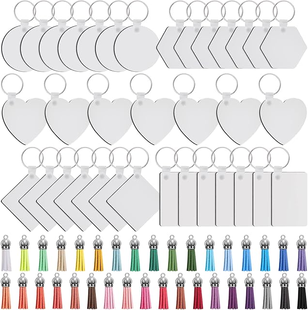 Duufin 105 Pcs Sublimation Keyring Blanks Set with 35 Pcs Heat Transfer MDF Blanks 35 Pcs Keychain Tassels and 35 Pcs Key Rings for DIY Keychain and Craft, Double-Sided Printed (5 Shapes)