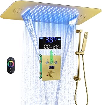 Brushed Gold Ceiling LED Rain Shower Head With Handheld, DisixinDi Large Luxury Rainfall Shower System Fixtures Thermostatic Mixer Trim Kit Included 23X15 inch Waterfall And Rain Shower