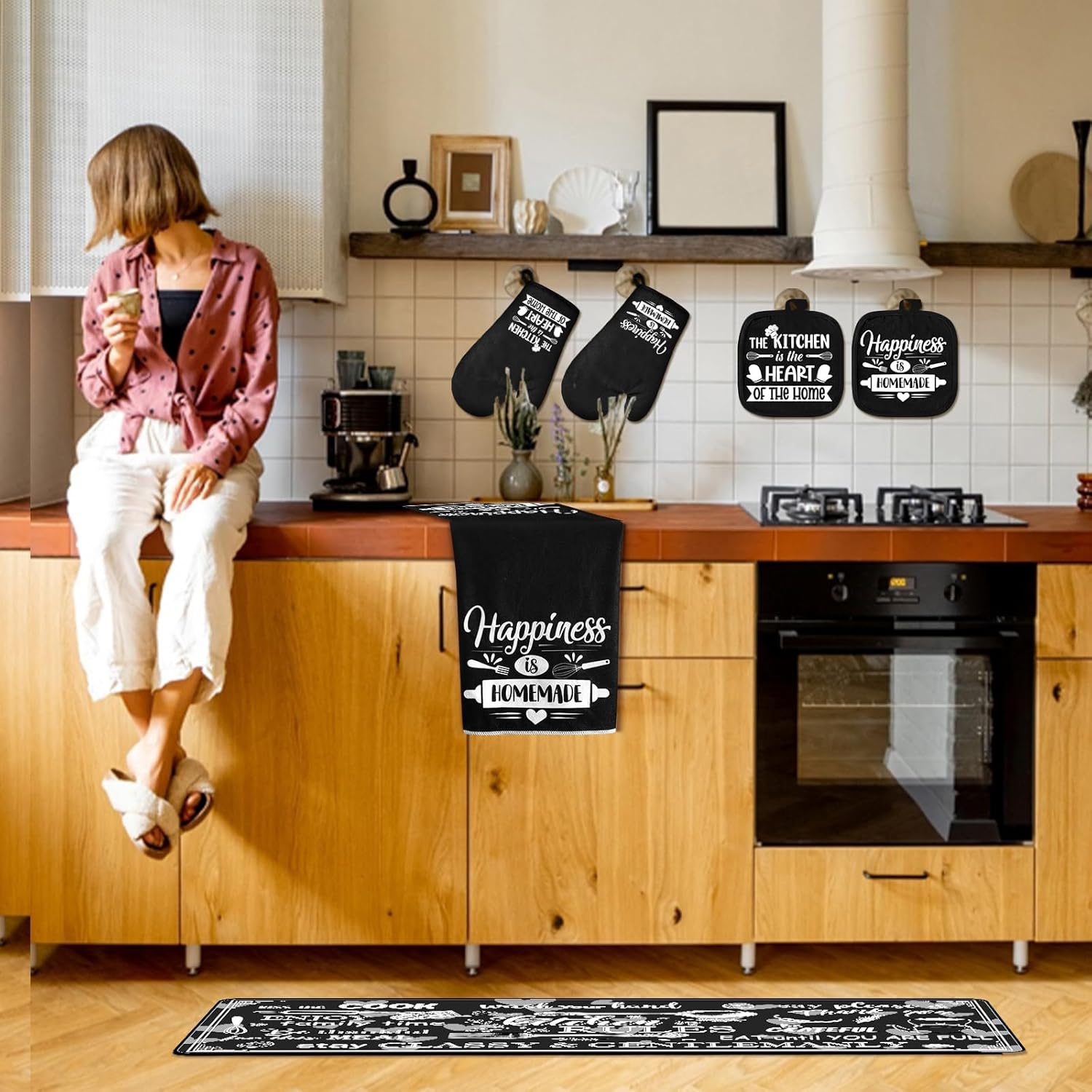 12 Pcs Farmhouse Home Kitchen Decor Set Oven Mitts Pot Holders Kitchen Rug and Towel Set with Apron