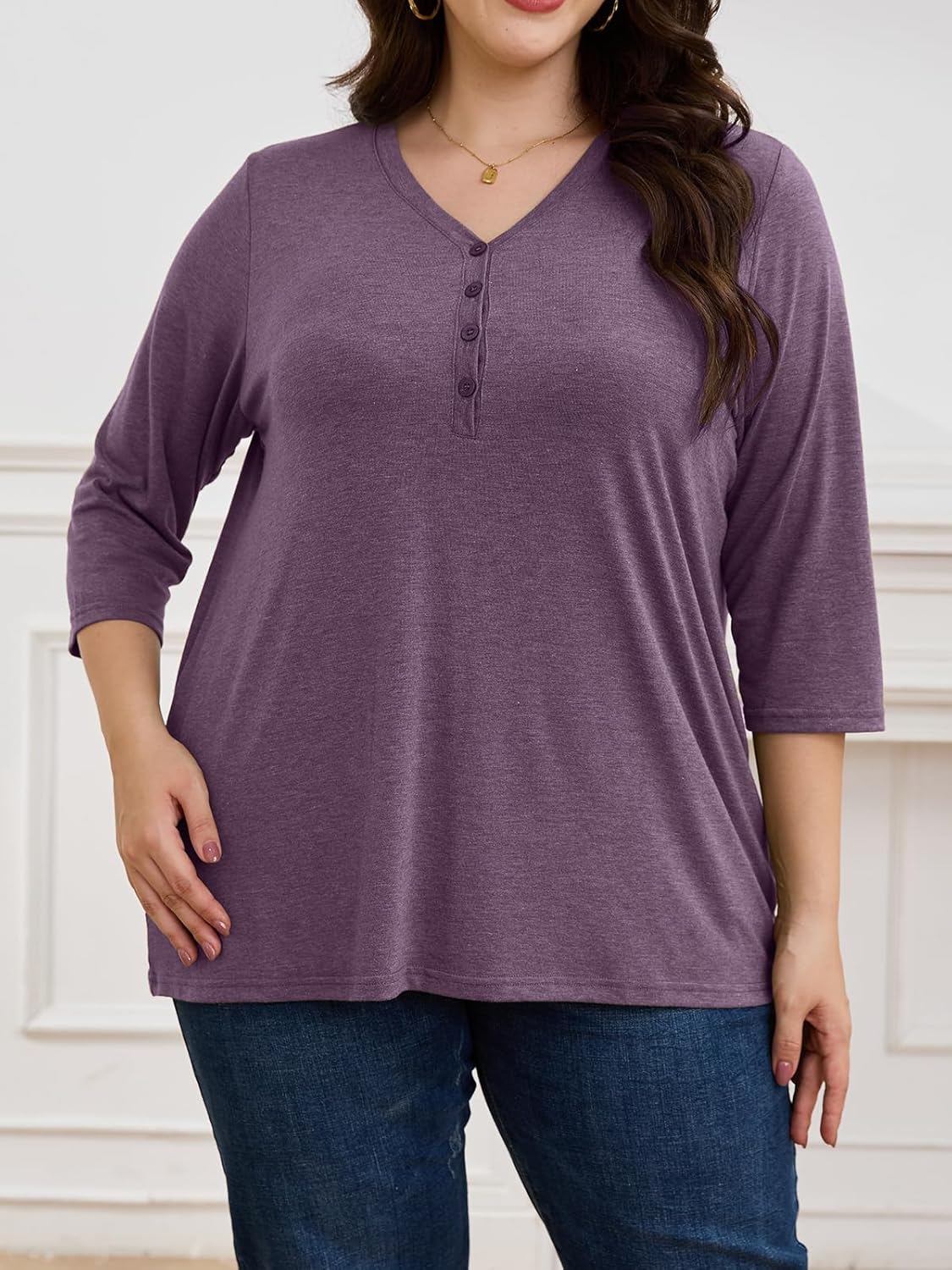 ZDC Women's Plus Size Tops 3/4 Sleeve V Neck T Shirts Button Down Basic Tunic - Image 4