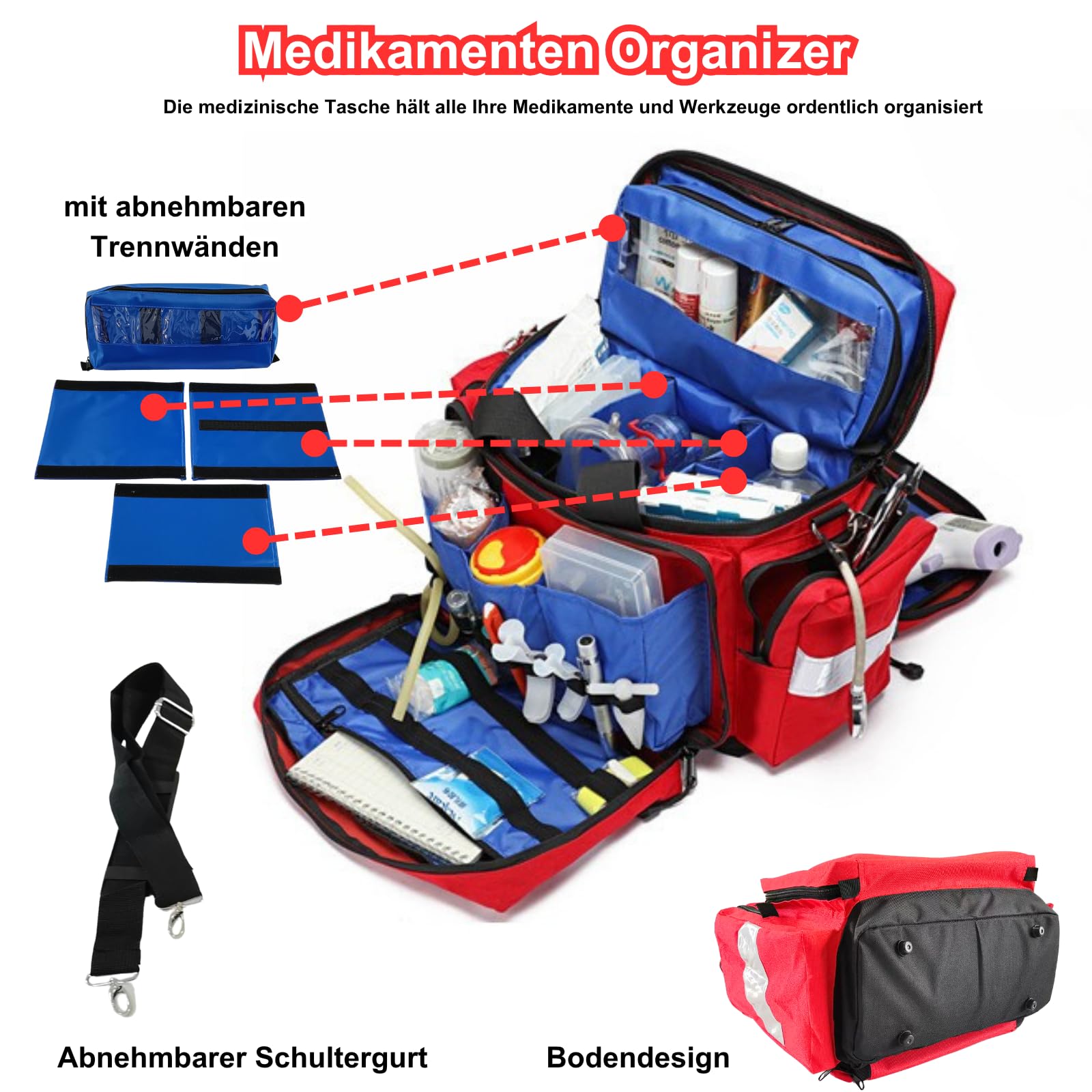 Erste-Hilfe-Tasche Leer Groß,Notfalltasche Leer - Sanitätstasche für Häusliche Pflege, Arzt, Reise & Notfall (Rot)