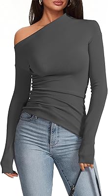 Meetrendi Women's Sexy Off Shoulder Tops Dressy Long Sleeve Asymmetrical Slim Fit Going Out Blouse Ruched Shirts 2026