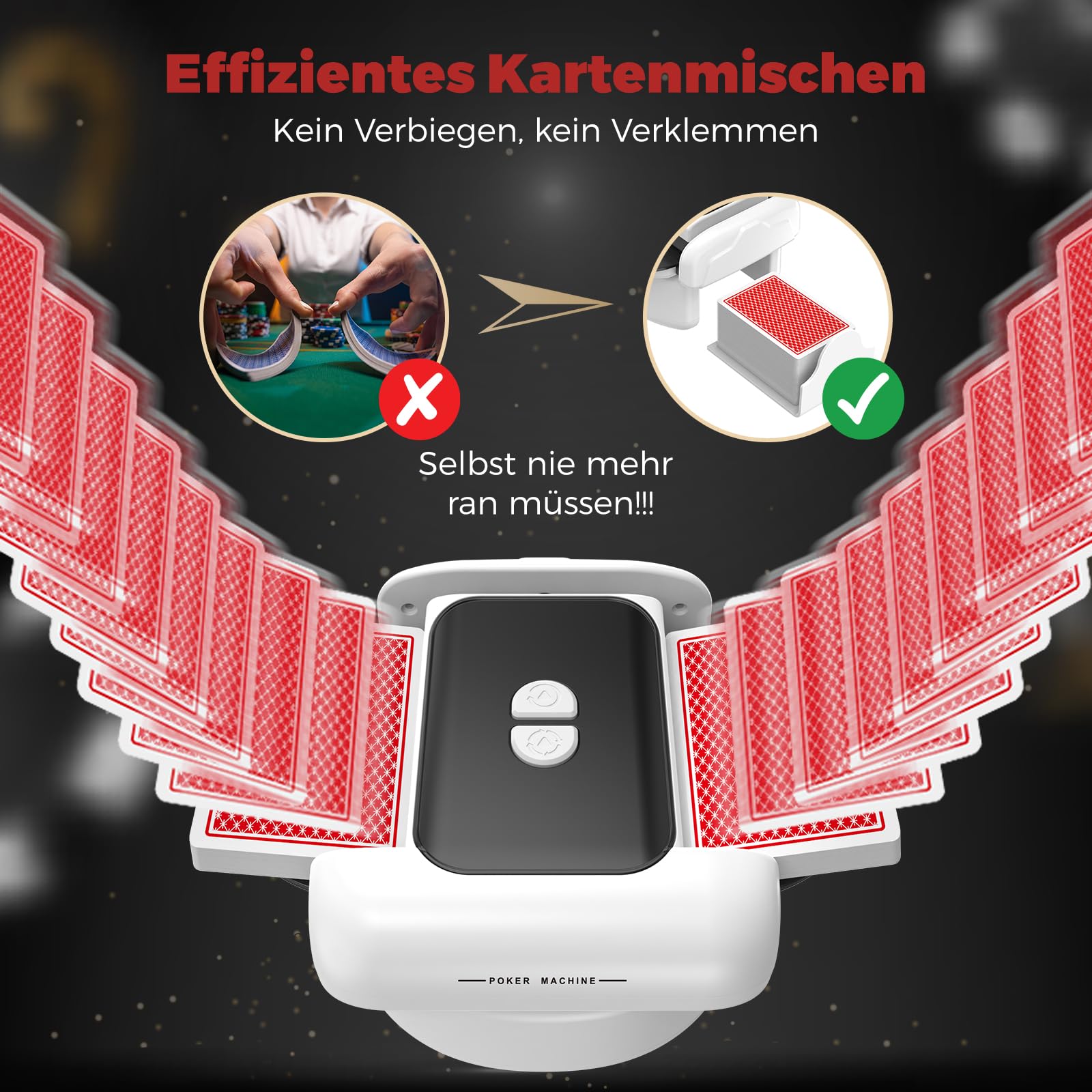Automatischer Kartenmischer, 2 Laufmodi, Aufladbar mit Langzeit-Batterie, Geräuschlos, für UNO, Poker, Black Jack Karten, Schwarz (Schwarz & Weiß)
