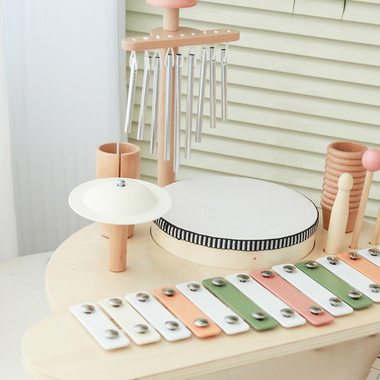 Conjunto de Instrumentos Musicales de Madera para niños con Tambor y xilófono para hogar o la Escuela, Juguete Educativo para bebés, Musical Multifuncional