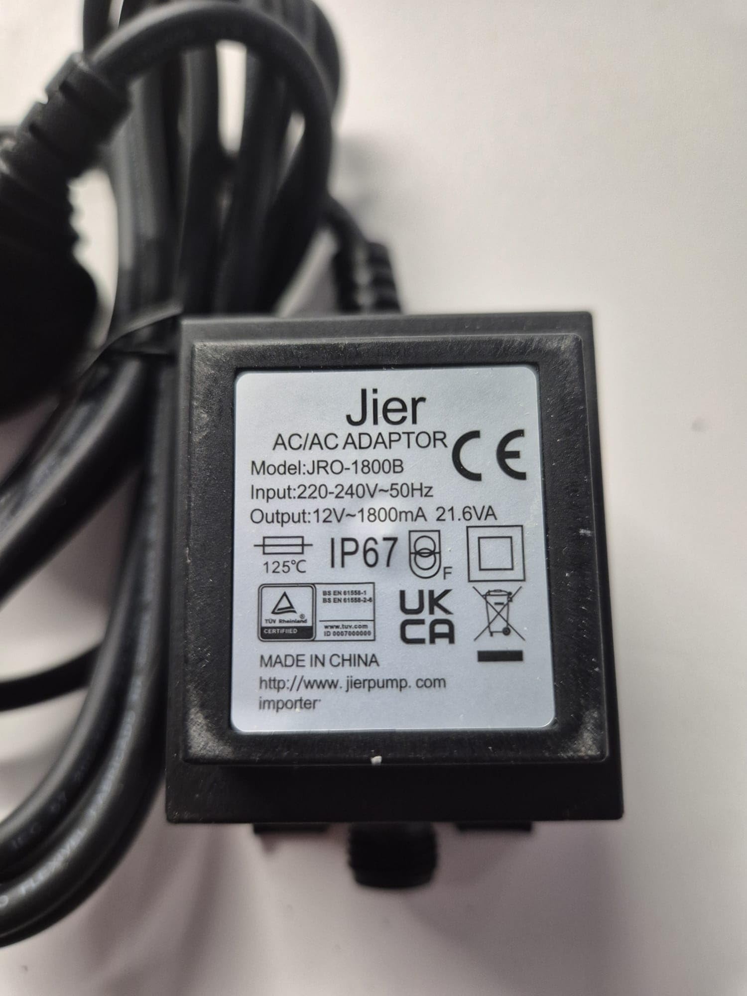 Outdoor Lighting or Water Feature Transformer 21.6VA 1800mA 12V with 2 metre cable and plug IP67