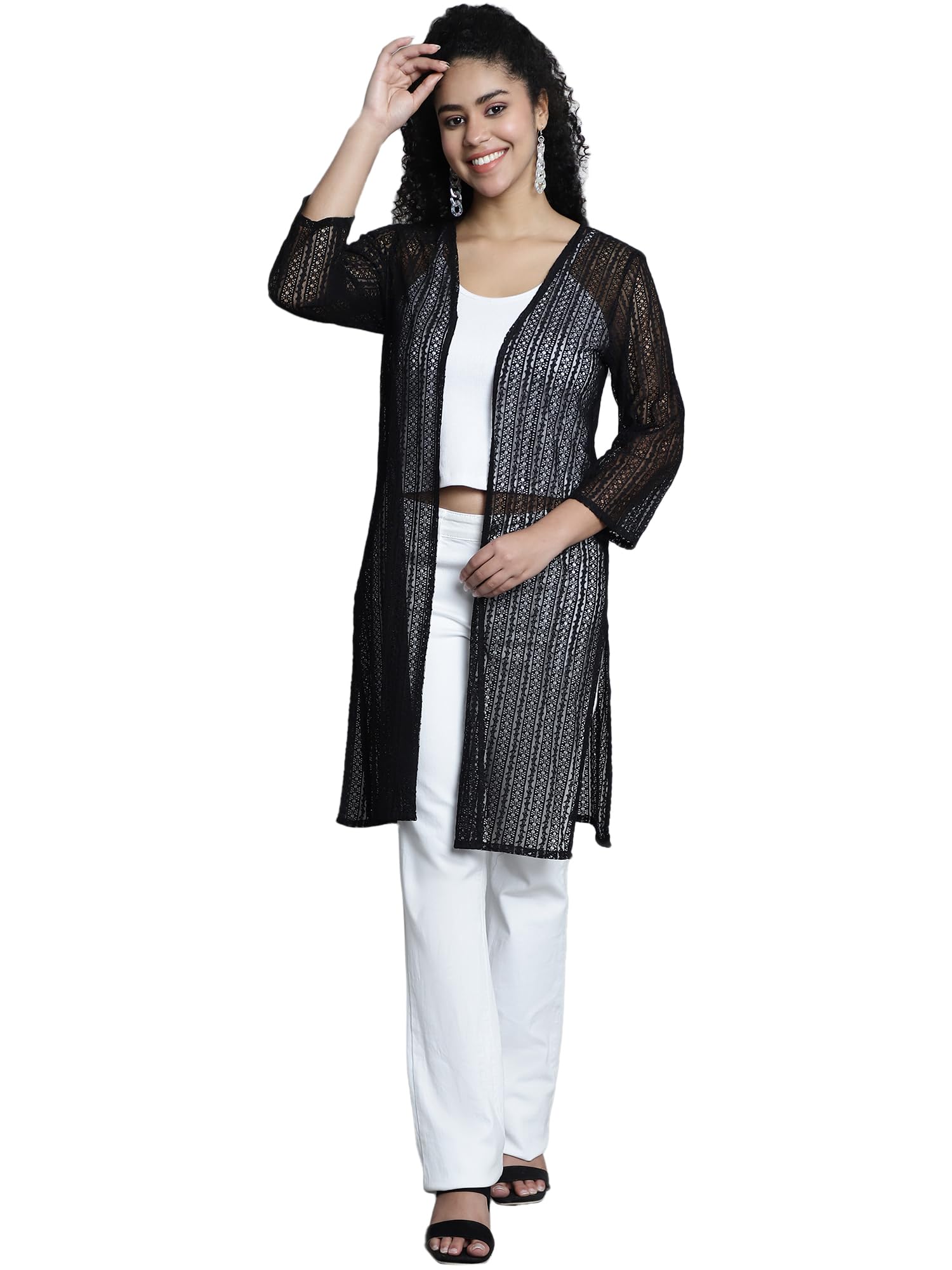 fineme Fashionable Women Front Open Self Designed 3/4th Sleeves Long Shrug 2XL Black-picture-12