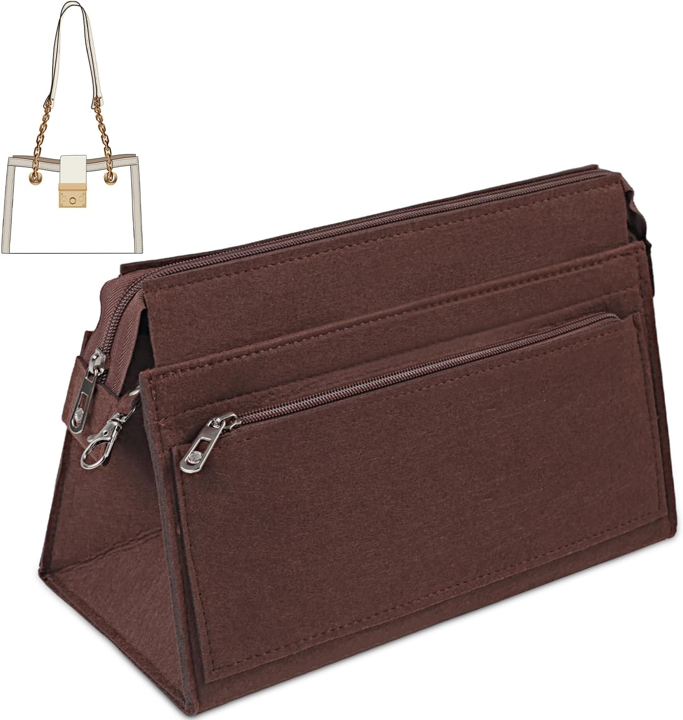 Bag Inserts Organizer for Handbags,Purse Organizer Zipper Bag Insert with Keychain,Coffee-S