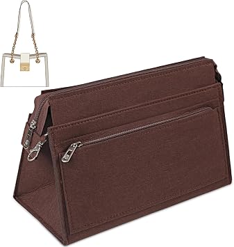 Bag Inserts Organizer for Handbags,Purse Organizer Zipper Bag Insert with Keychain,Coffee-M