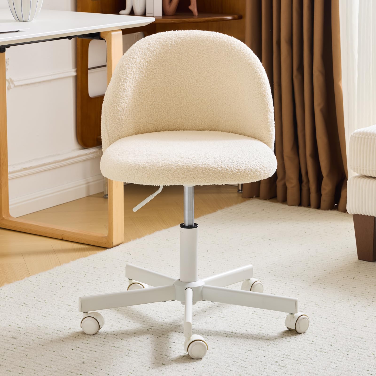 Bonnlo Bürostuhl mit Rollen, Schminktisch Stuhl, Höhenverstellbar Schreibtischstuhl für Arbeitszimmer, Schlafzimmer, Homeoffice, Teddystoff (Beige)