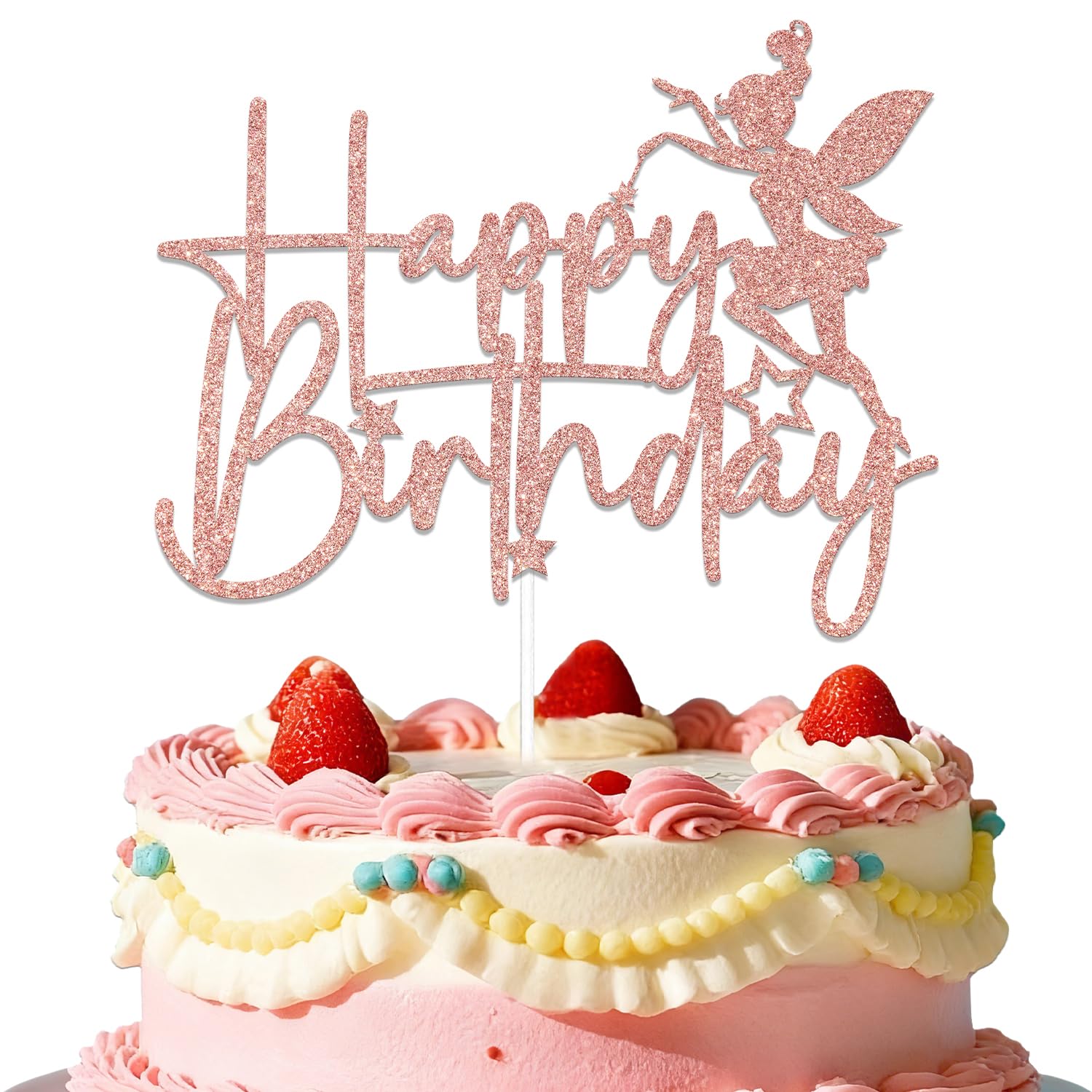 Fairy Happy Birthday Cake Topper Fairy Birthday Party Decoration Fairy First Birthday Cake Decorations Rose Gold Glitter