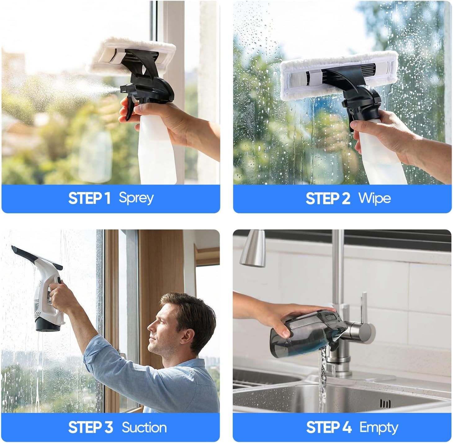 Cordless Window Vacuum Squeegee with Extension Pole Electric Window Cleaner Tool 11 inchs Electric Window Vacuum Shower Squeegee for Shower Door, High Window, Tile and Car Windshield