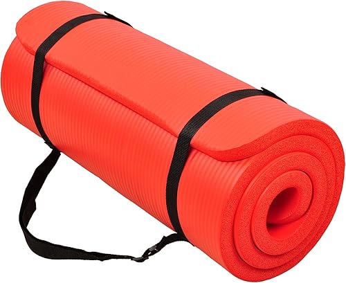 Fitvids Esterilla de yoga extra gruesa de alta densidad antidesgarros de 1 pulgada con correa de transporte, color rojo