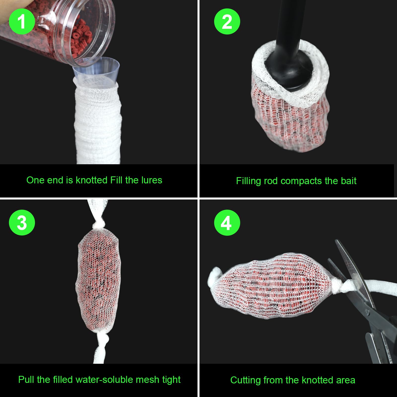 Kit de maille en PVC de 5 m avec ciseaux, entonnoir et système de piston 18 & 25 et 37 mm Sacs en PVC Accessoires de pêche à la carpe Sacs en maille Recharge rapide pour appâts bouillettes