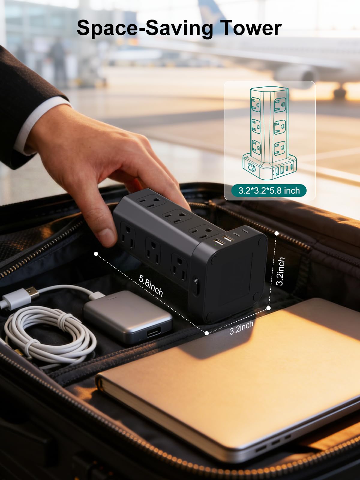 Protector de sobretensiones de torre, cable de extensión de enchufe plano de 6 pies con múltiples tomas, 12 salidas de CA, 4 USB (2 USB C), estación de carga de computadora con protección contra