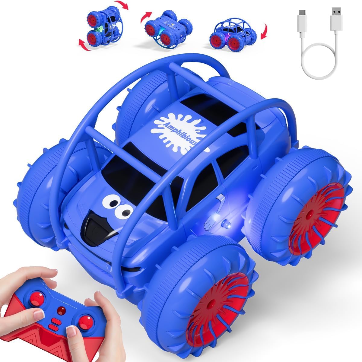 ifollower Direktladung Ferngesteuertes Auto 2.4GHz 4WD Amphibienfahrzeug mit LED-Licht,360° Drehung Stunt Monstertruck Strand Wasser Outdoor Spielzeug Geschenk für Kinder Jungen Mädchen ab 3-12 Jahre