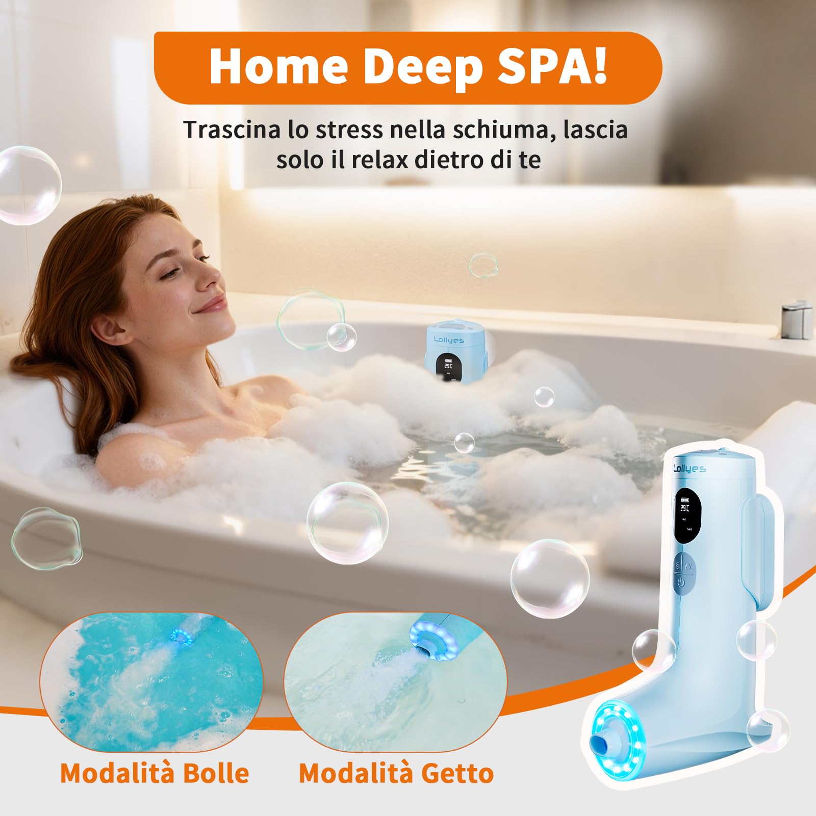 Spa Idromassaggio a Bolle per Vasca da Bagno con Doppie Modalità di Idroterapia, Flusso d’Acqua a 3 Livelli, Impermeabile IP68, Luce LED, Wireless Batteria da 2600mAh (Blu)