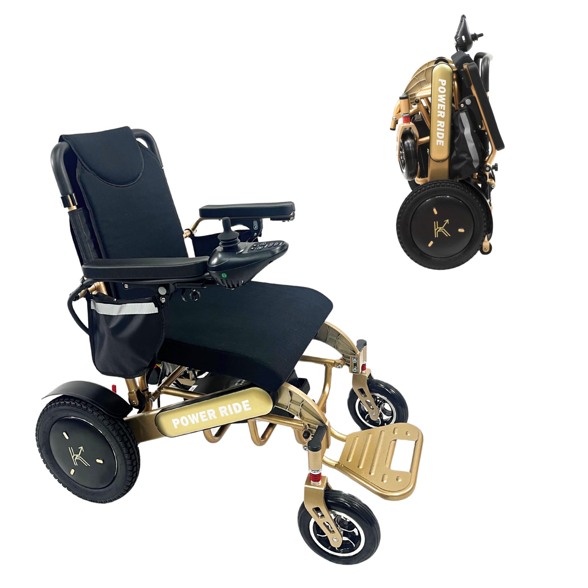 ReNuCare Metallic Gold Power Ride Wheelchair – Durable Foldable Electric Wheelchair for Adults, 360° Joystick, Motorized Power Wheelchair with 11-Mile