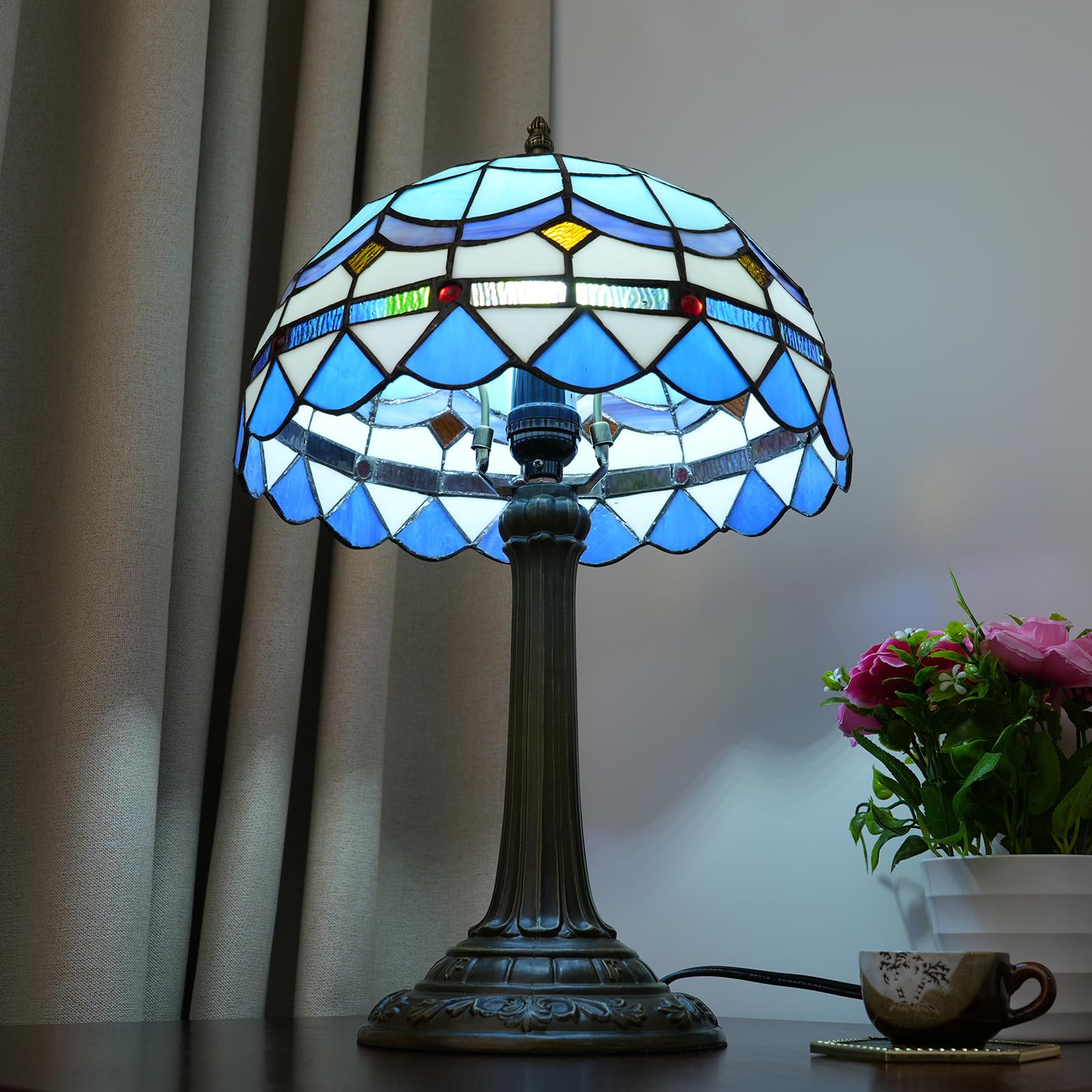 Tiffany lampa stołowa witrażowa lampa śródziemnomorska niebieska sypialnia lampa stołowa lampka do czytania lampka na biurko do salonu biura akademika jadalni dekoracja parapetówka prezent 30 x 30 x