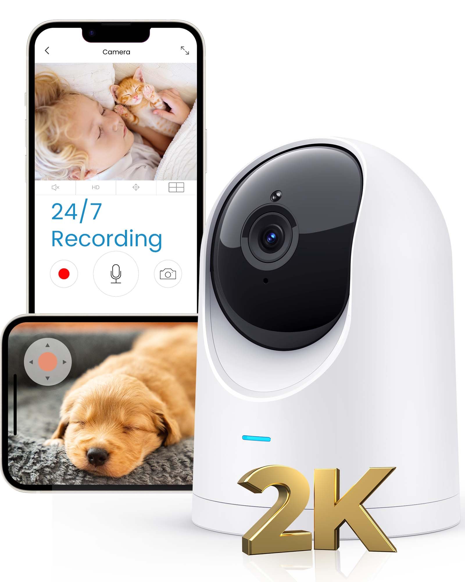 Pet Camera Indoor, 2K High Definition Dog Camera with Phone APP, Cat Camera with 24/7 Recording with Cloud/Local SD, 2-Way Audio and Video, Night Vision, Pet Motion Tracking Alarm