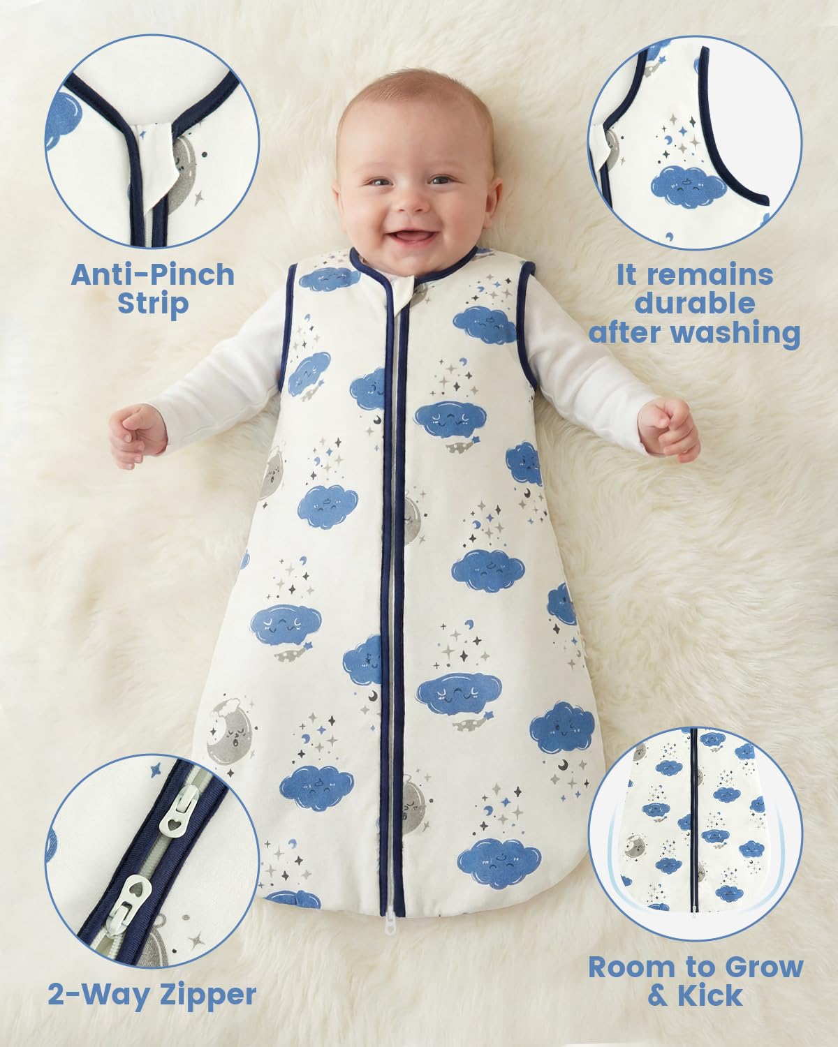WYTbaby Baby Sleeping Bag, 1.5 Tog Cotton Sleep Sack, Baby Wearable Blanket for Newborn & Infant Navy Star 0-6 Months - Image 3