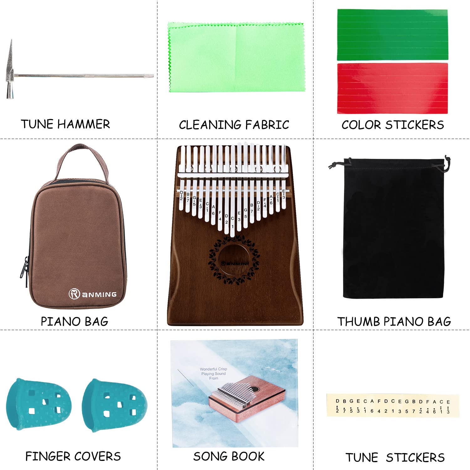 RANMING Kalimba Daumenklavier-Set mit 17 Tasten, Mbira tragbarer Handtasche, Lernbuch und Stimmhammer, Fingerklavierinstrument, Geschenk für Kinder Erwachsene, Anfänger (Mahagoni-Handauflage), Braun