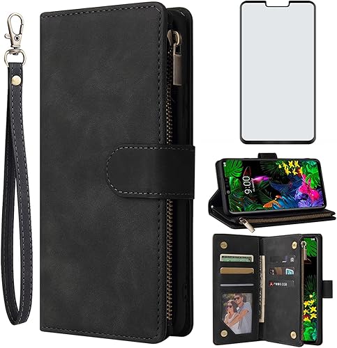 Asuwish Compatible con LG G8 ThinQ - Funda tipo cartera y protector de pantalla de vidrio templado, funda de cuero con tapa para tarjetero,