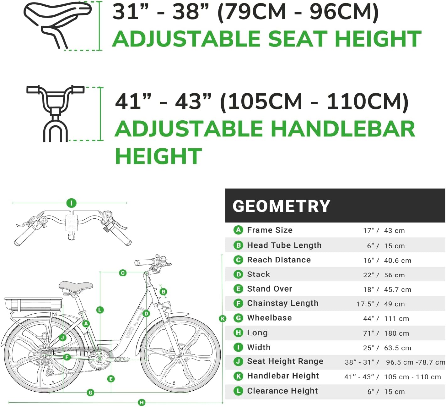 Diagram showing adjustable seat height from 31 to 38 inches (79-96 cm) and adjustable handlebar height from 41 to 43 inches (105-110 cm), along with a detailed geometry table for the EMMO Vgo E Bike.