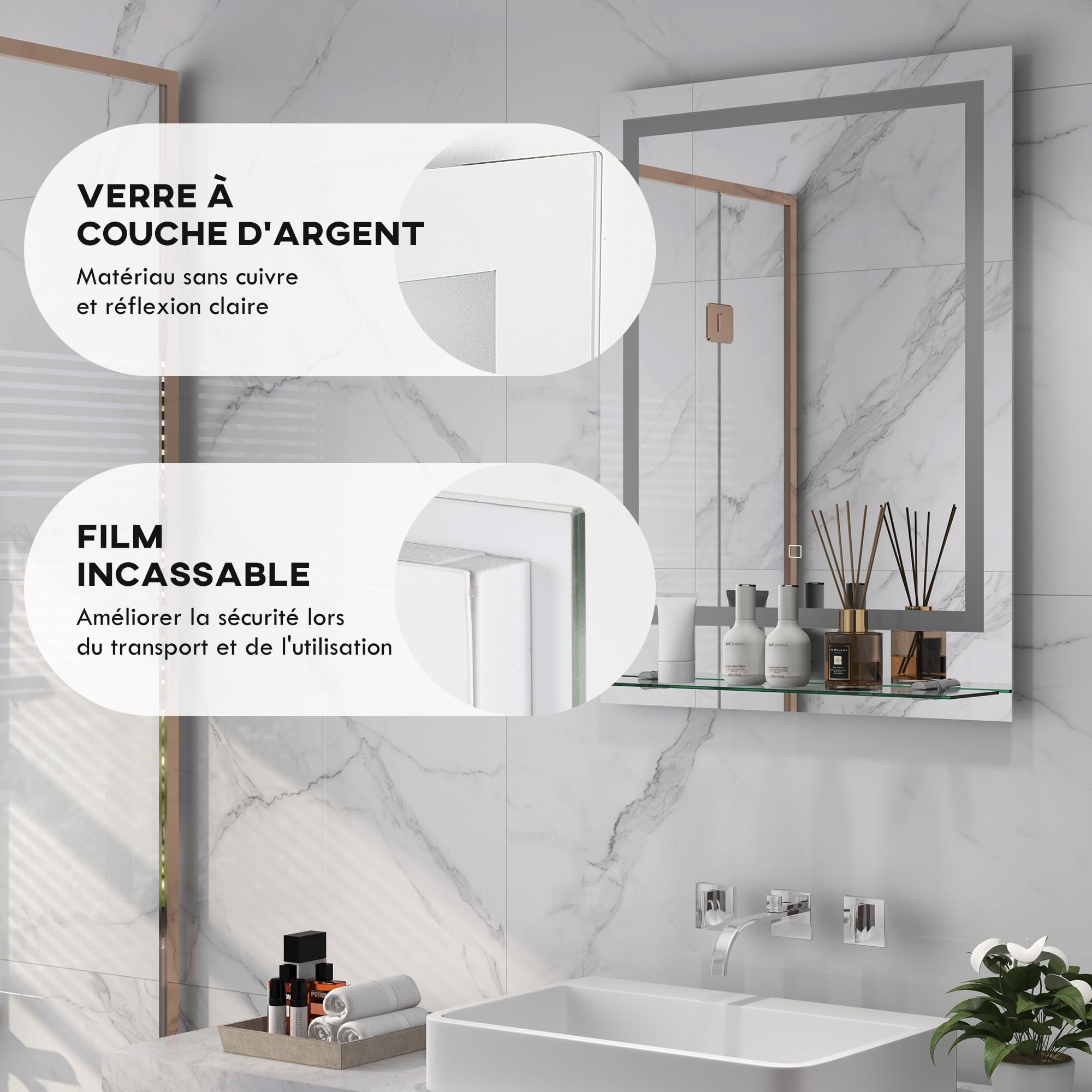 kleankin Miroir Lumineux LED rectangulaire Miroir Mural avec étagère de Salle de Bain 70 x 50 cm luminosité réglable Anti-buée Interrupteur Tactile