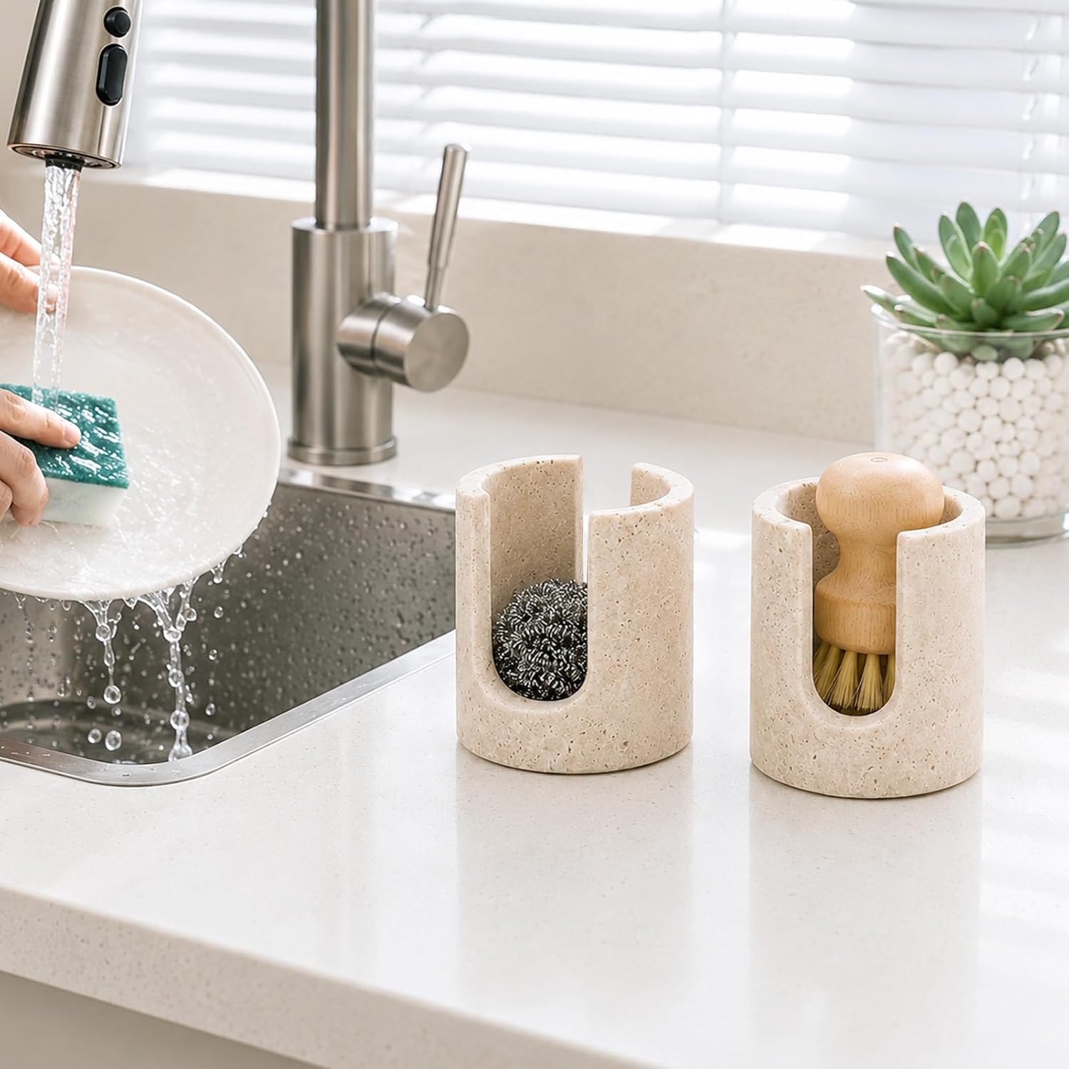 Koville Travertine Sponge Holder for Kitchen Sink Counter, Natural Stone Sponge Caddy for Sink Organizer, Dish Drying Rack, Marble Kitchen Accessories, Beige Travertine Decor