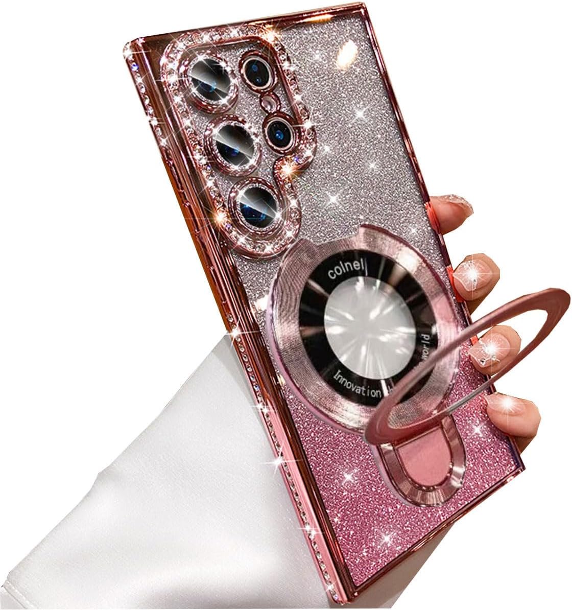 Magnetic Stand Glitter Case for Samsung Galaxy S25 Ultra, (Compatible with Magsafe) Women Girly Luxury Bling Diamond Rhinestones Cover with Camera Lens Protector for Galaxy S25 Ultra (Pink)