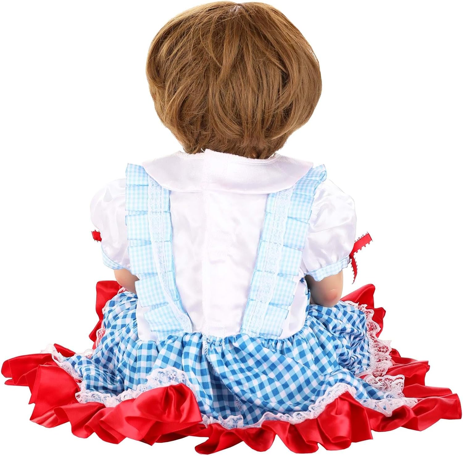 Infant Dorothy Farm Girl Costume Dress - Gingham Pinafore Over Satin Blouse, Ruffled Lace & Satin Edging