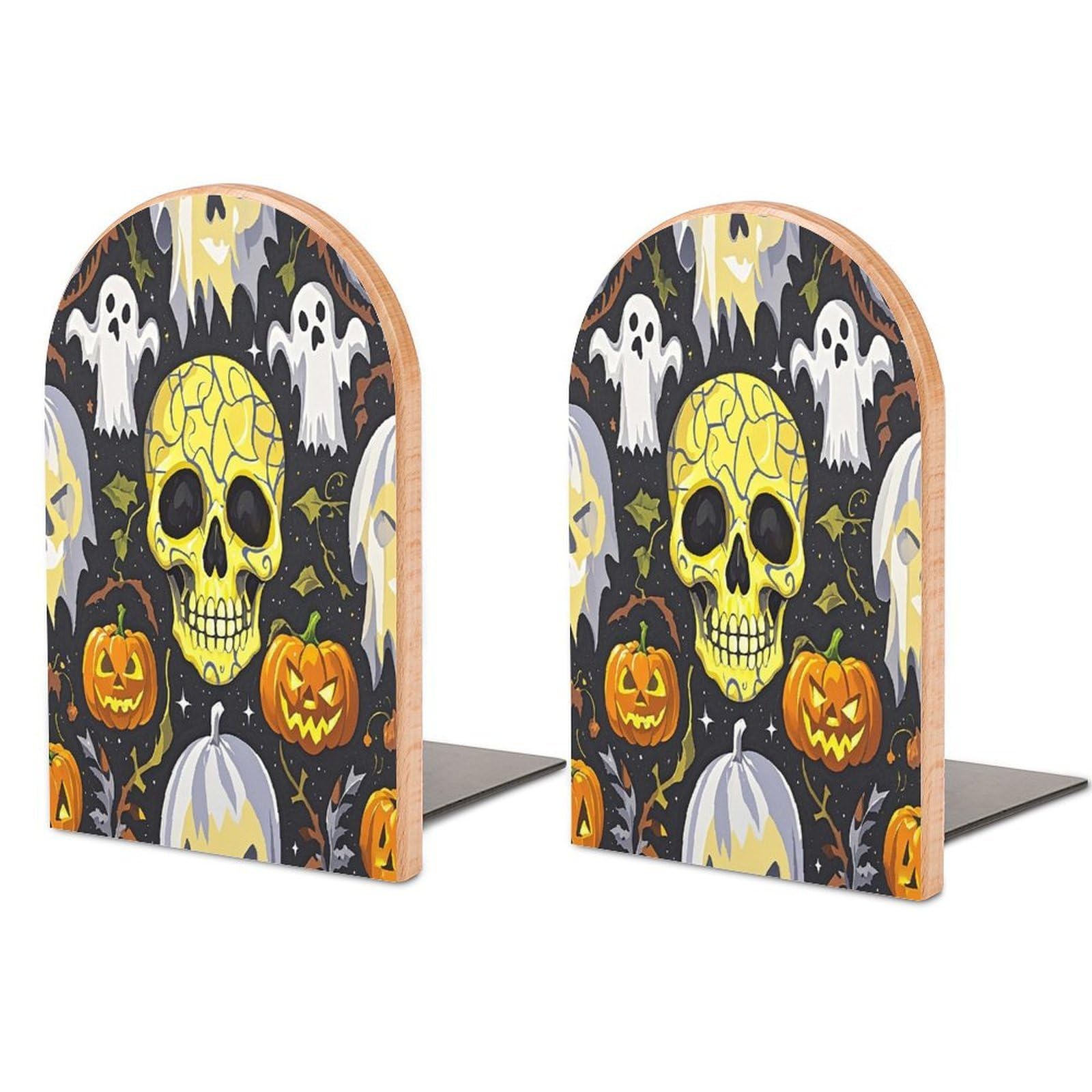 Yellow Skull Bookend for Shelves Unique Book End Sturdy Books Holder Heavy Duty Wooden Bookends Support Non-Slip Book Organizers Decorative Modern Bookend Holder for Home