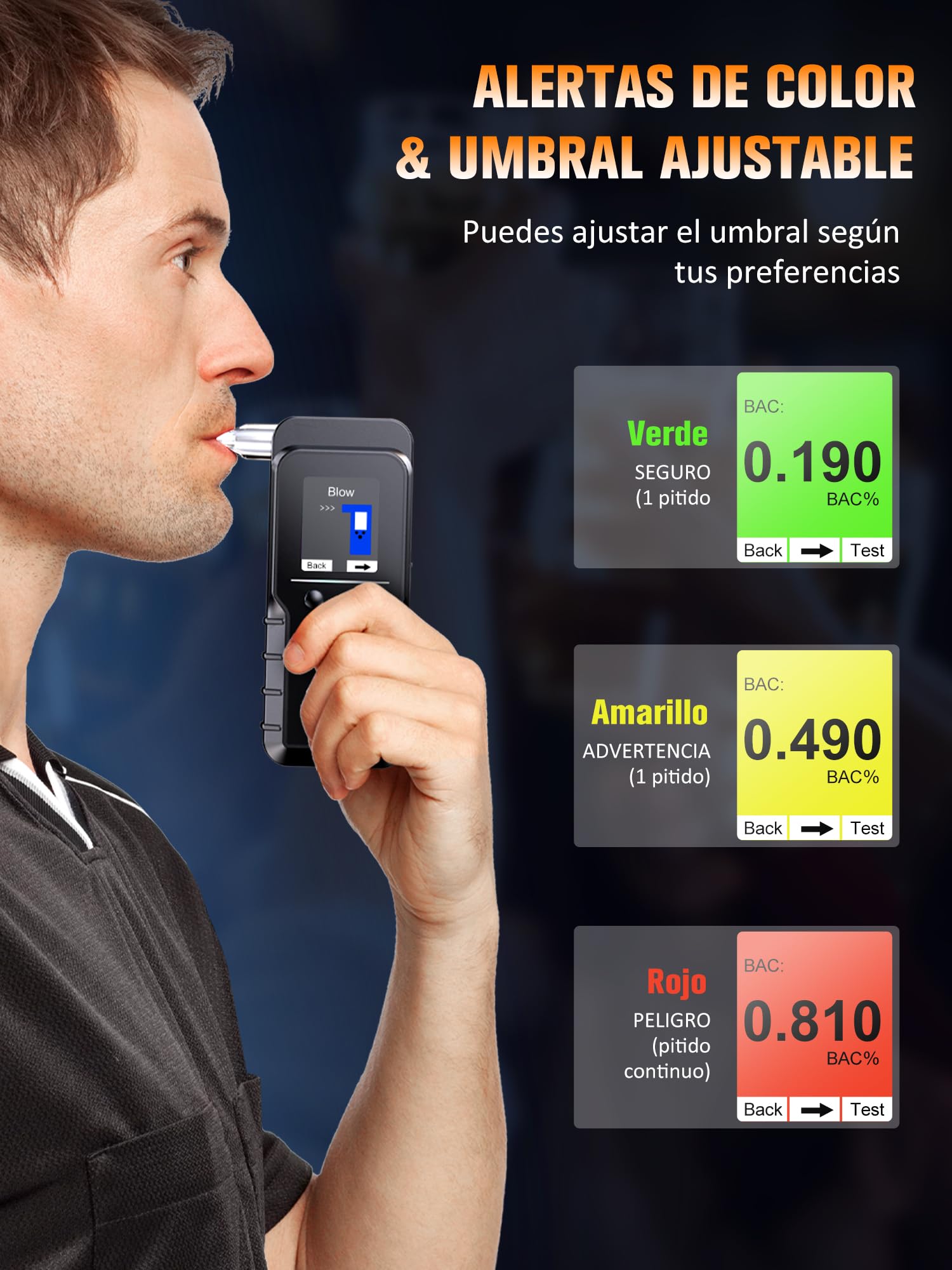 Alcoholimetro Homologado Digital Portátil Profesional: Sensor Electroquímico De Alta Precisión Alcoholemia Test – Alcohol Test Recargable Con Contador y 10 Boquillas Reutilizables Para Uso Personal