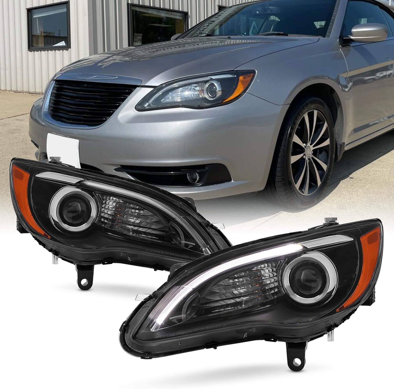 AKKON - Fits 2011-2014 Chrysler 200 [Halogen Type] Projector Black Headlights Pair Driver+Passenger w/LED DRL Running