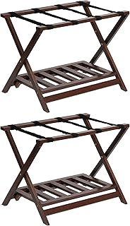 PJ Wood Portable Hotel Style Solid Wooden Folding Luggage Rack with Bottom Shoe Storage Shelf for House Guests or Travel, Walnut (2 Pack)
