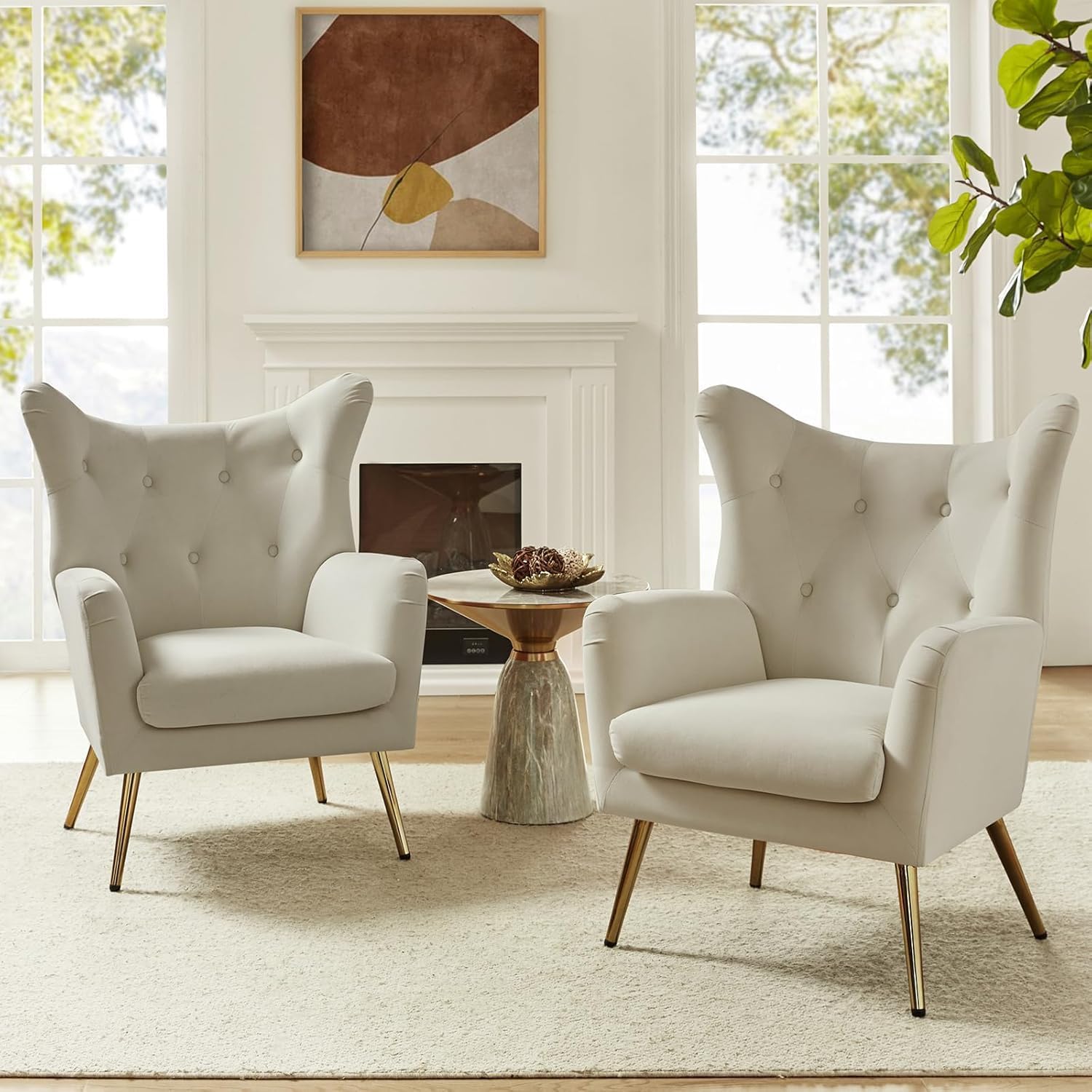 Modern Velvet Accent Wing Chair Single Seater Button Tufted High Back Chair with Metal Legs for Living Room, Bedroom, Drawing Room (Beige, Set of 2)-image-1