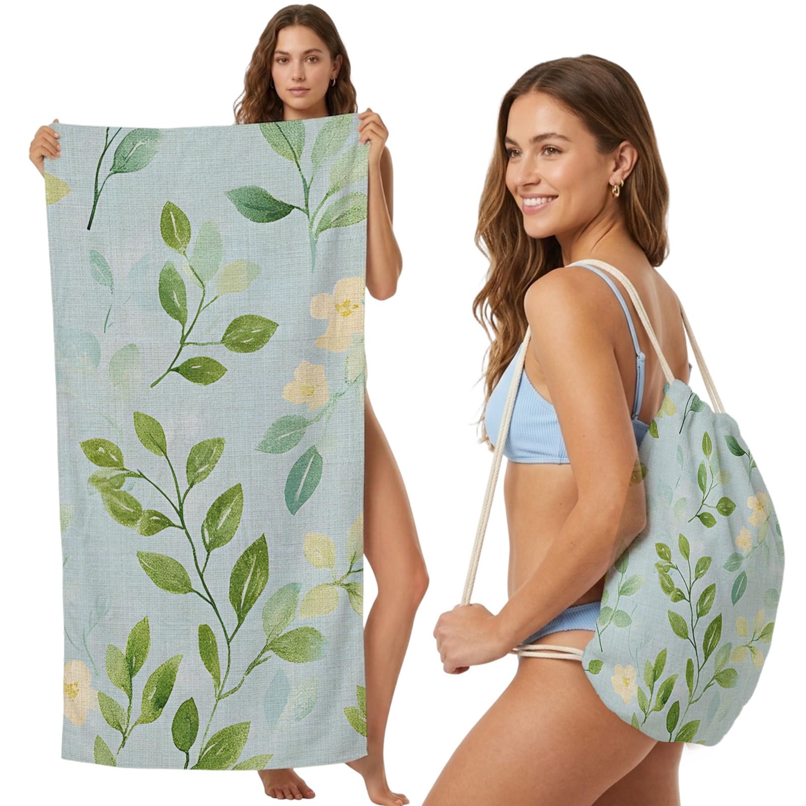 FWJZDSP Beach Towel Backpack Convertible Leaves Sand Free Quick Dry Towel Bag Spring Flower Beach Towel with Adjustable Straps for Travel Swimming Pool Beach Accessories 31.5x63in