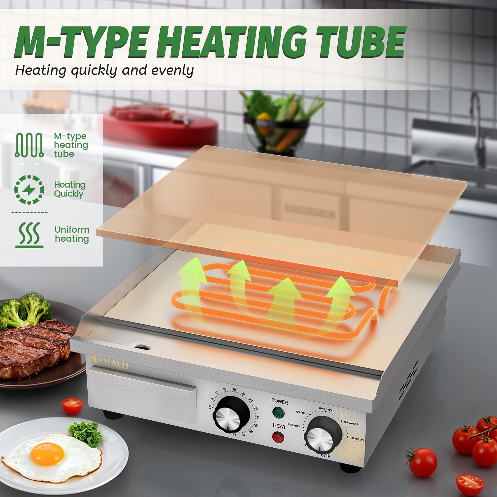 Plancha électrique commerciale en acier inoxydable, 36cm, avec contrôle de température réglable,minuterie,barbecue