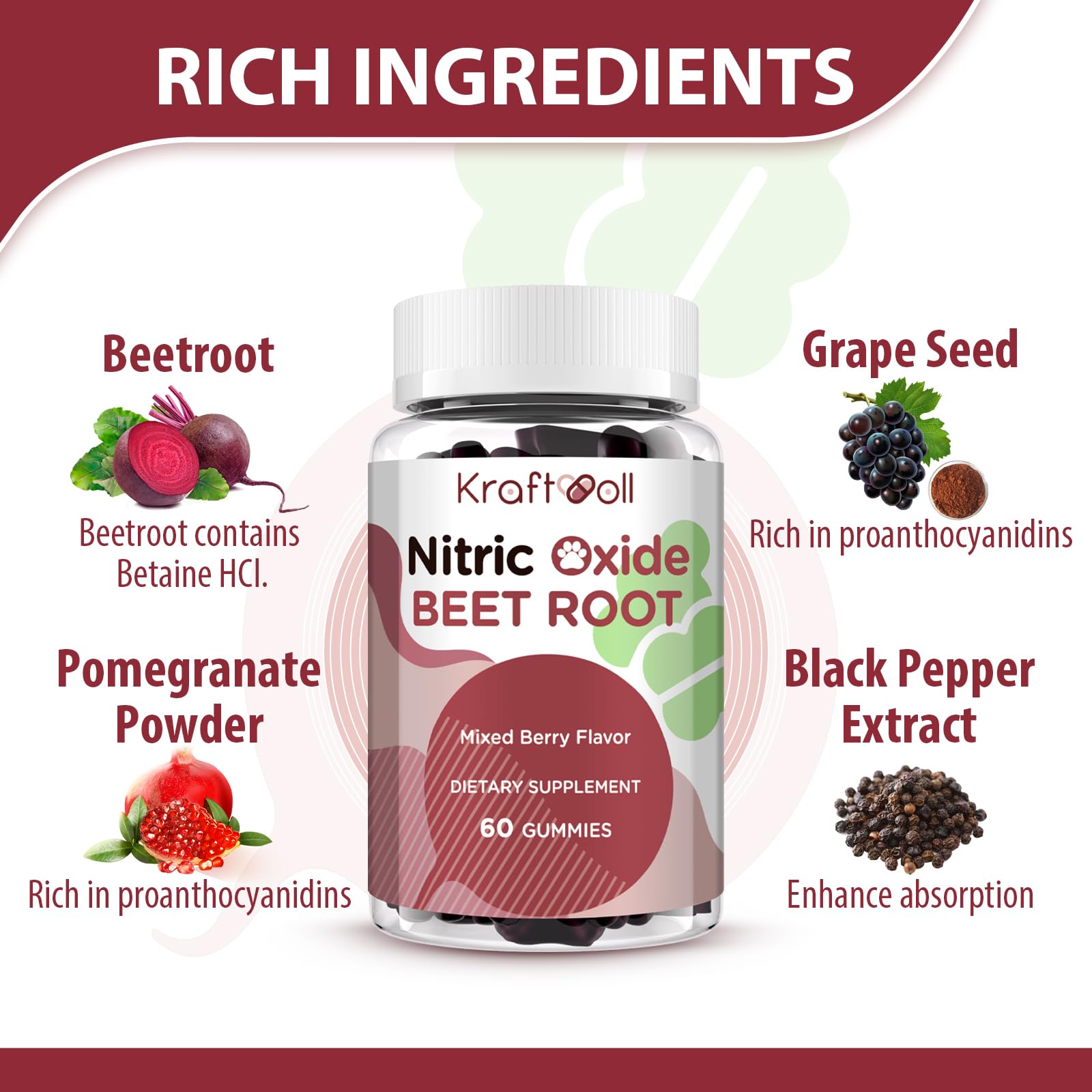 Nitric Oxide Beet Root Gummies – Sugar-Free Beet Chewables, Mixed Berry Flavor with Grapeseed Powder, Pomegranate, Vitamin C & B12 – Nitric Oxide Supplements for Men – 60 Gummies (2 Bottles) — Amazon image 3