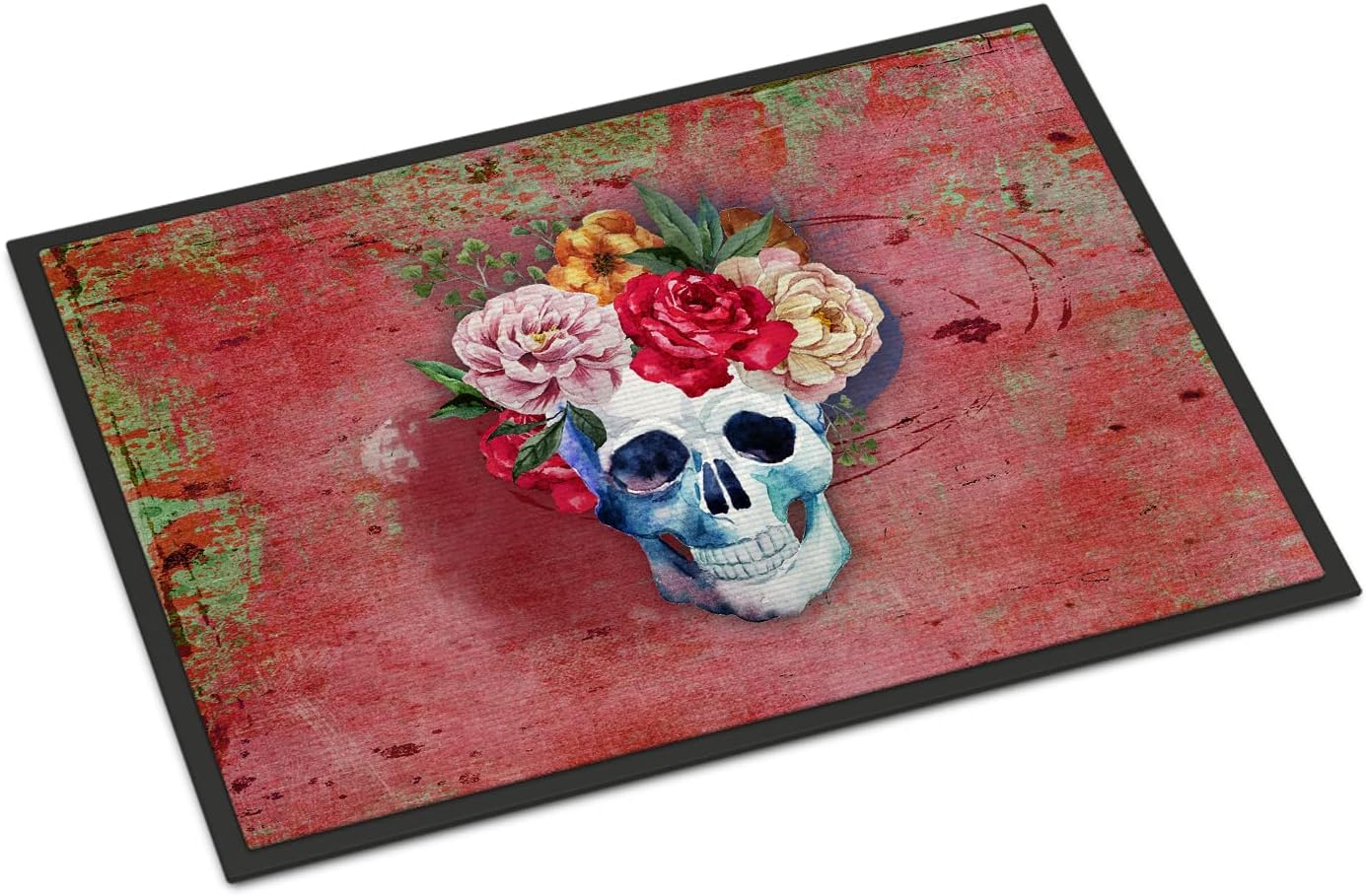 Caroline's Treasures BB5130JMAT Day of The Dead Red Flowers Skull Doormat 24x36 Front Door Mat Indoor Outdoor Rugs for Entryway, Non Slip Washable Low Pile, 24H X 36W
