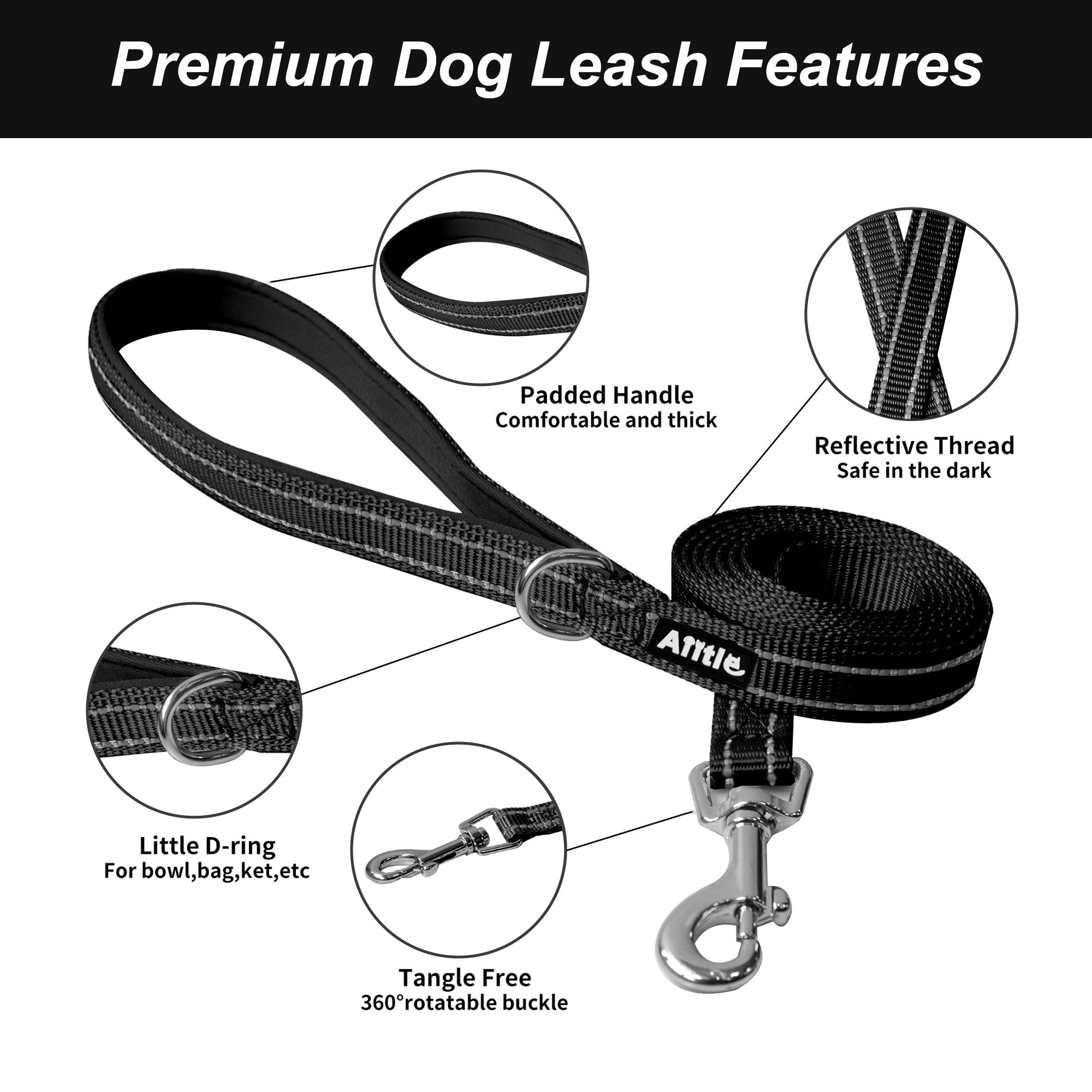 AIITLE Guinzaglio riflettente per cani piccoli/medi 5ft - Nero | nylon con impugnatura imbottita per passeggiate, addestramento e corsa, antistrappo per cuccioli e razze piccole/medie