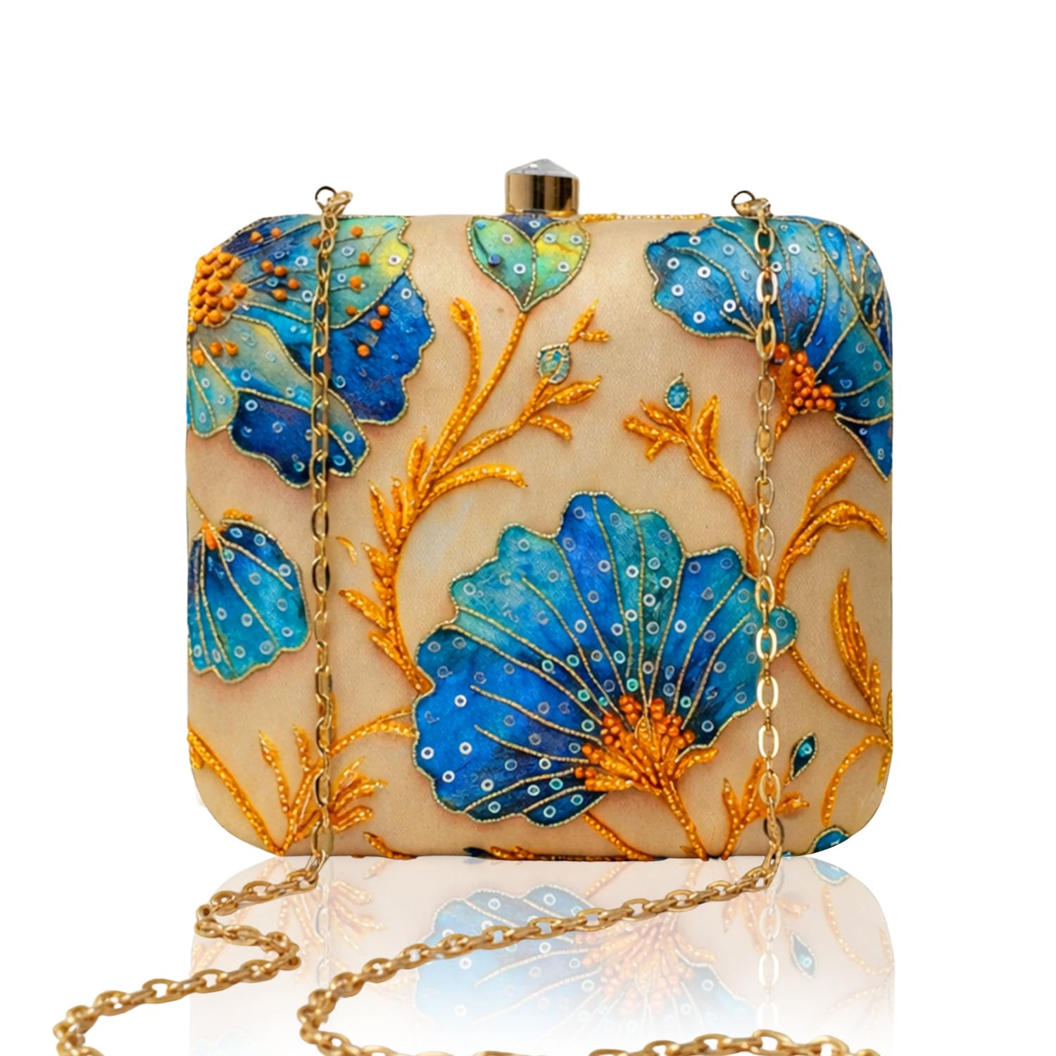 Printed Blue Floral Beaded Clutch with Hand Embroidery-image-0