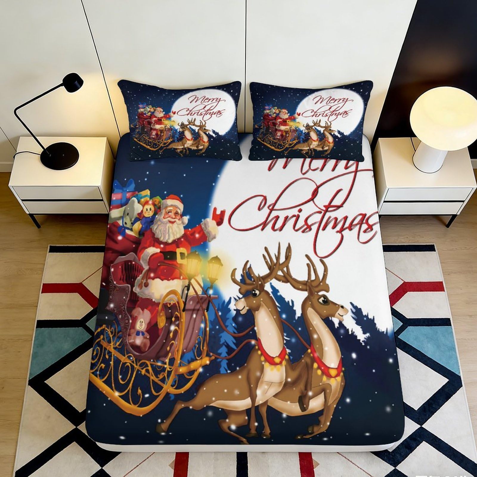 3D Printed Christmas Santa Sleigh Fitted Sheet Microfiber Festive Reindeer Mattress Cover for Bedroom Dorm Decor 140x200x25cm