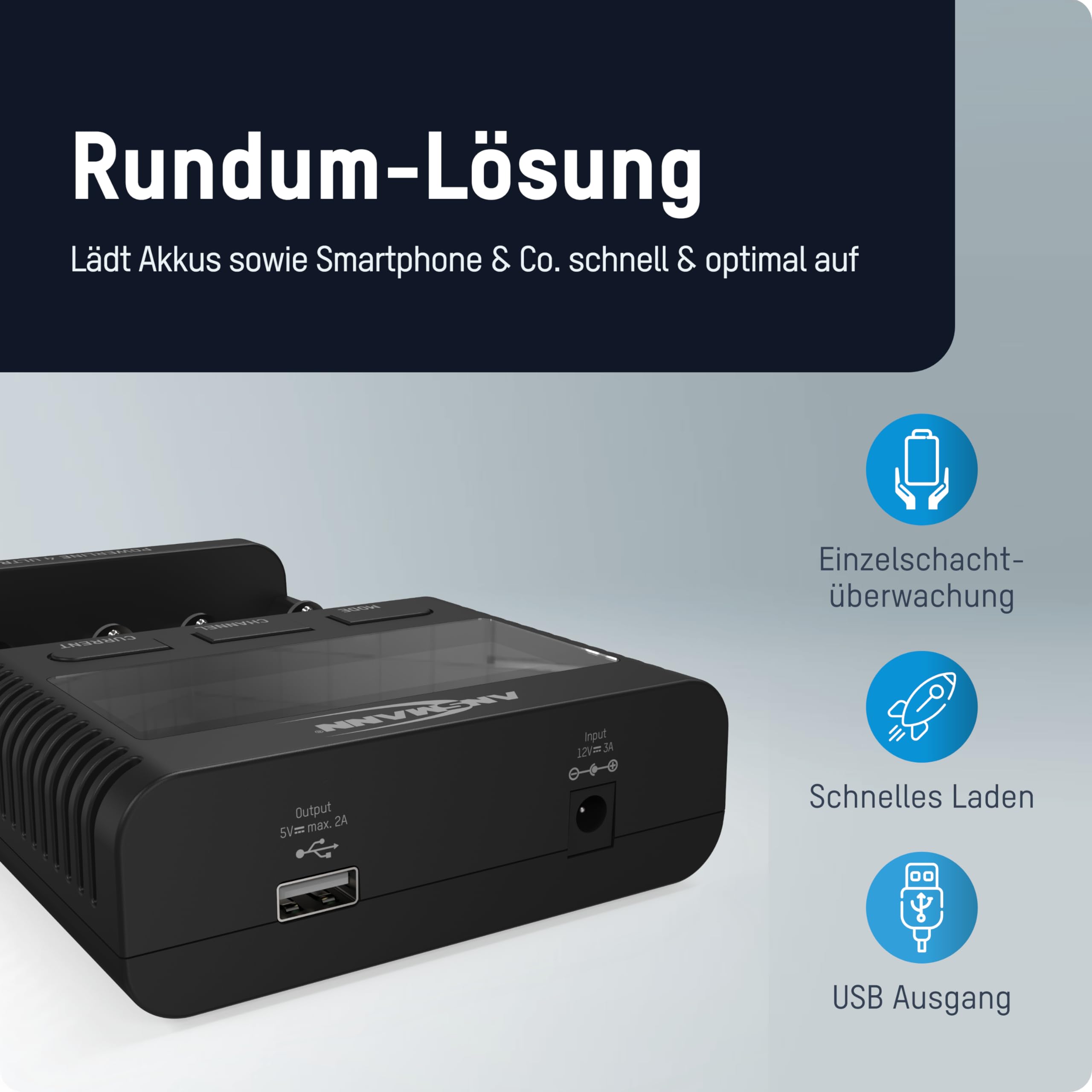 ANSMANN Akku-Ladegerät für 1-4 NiMH & Li-Ion Akkus AAA AA C D LCD-Display | Powerline 4 Ultra Profi-Akkupflegestation, USB-Ladeport für Smartphone, 4 Ladeprogrammen und Einzelschachtüberwachung
