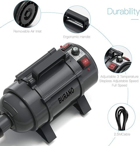 Miniatura 3 de Burano - Secadora de pelo para mascotas de alta velocidad 40 HP sin escalón ajustable para perros gatos y más potente soplador de mascotas con Negro
