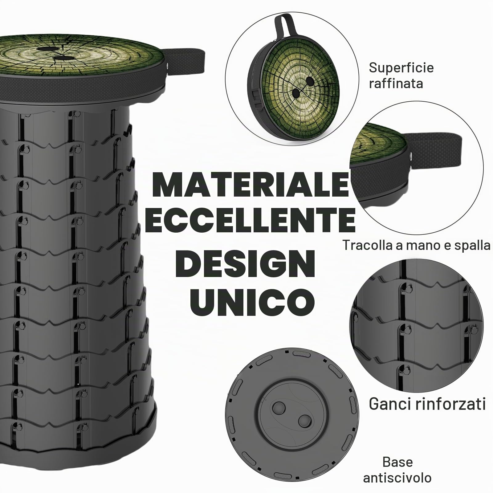 Sgabello telescopico portatile da campeggio, leggero, pieghevole, per escursioni, pesca, barbecue, con borsa per il trasporto e cuscino girevole, portata 440lbs (modello di albero)
